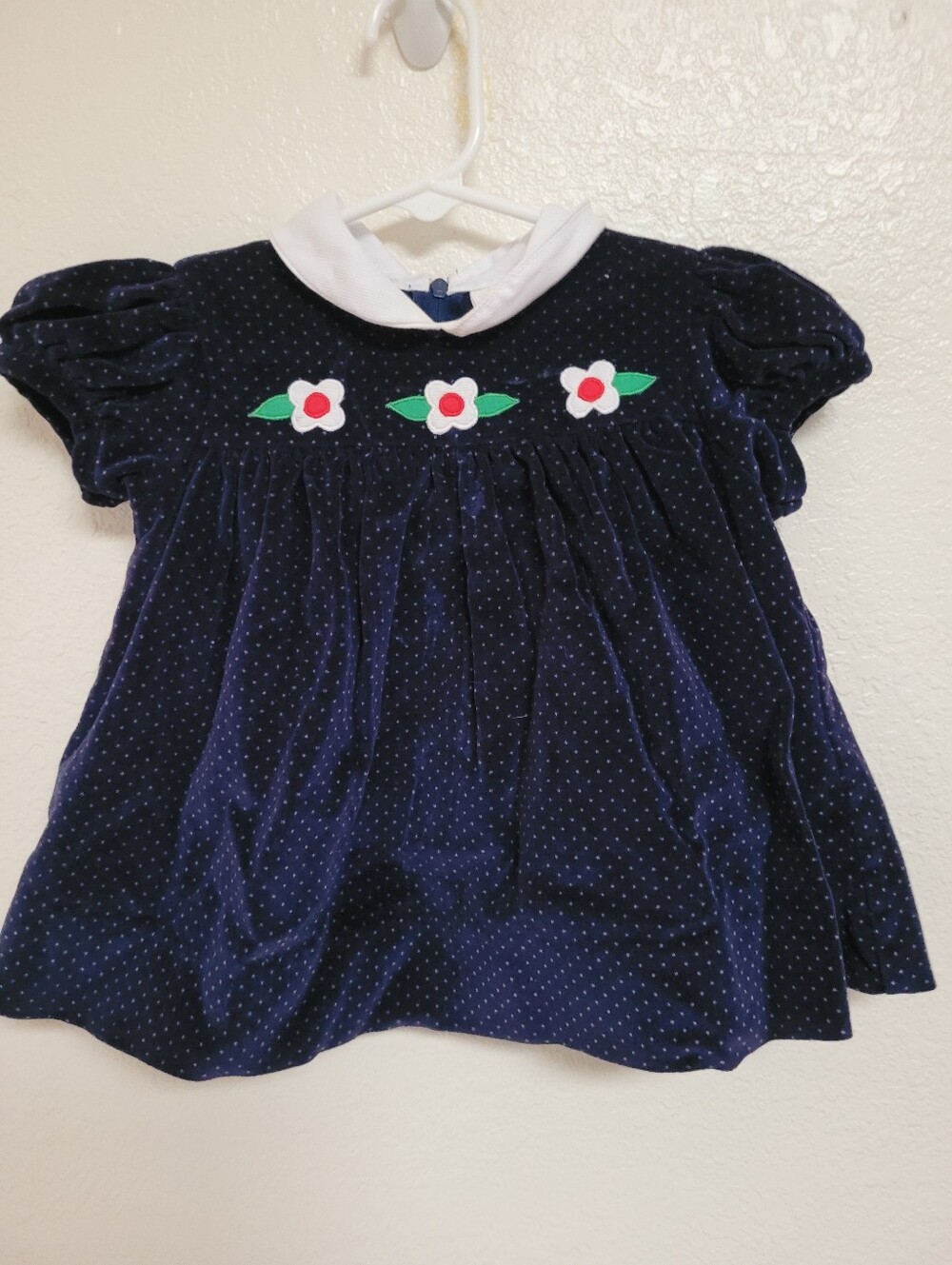 Vintage Baby Togs Navy Polka Dot Velvet Dress with Peter Pan Collar